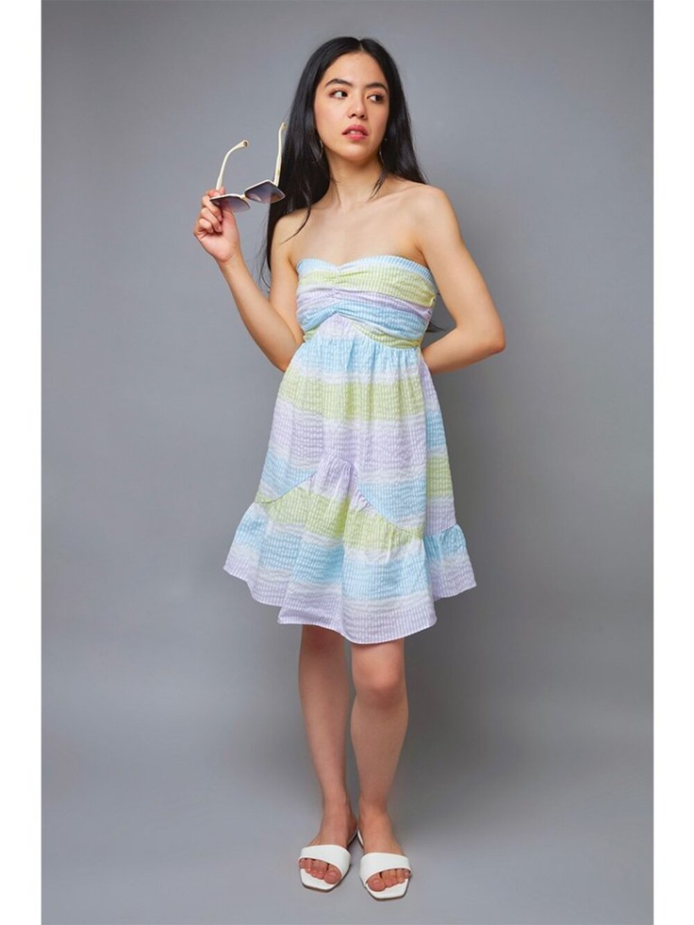 Light Blue Multi Stripe Strapless Babydoll Dress
